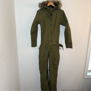 Roxy Snow Jumpsuit Snow Suit Olive Green Women’s XS Fur Lined Collar Y2K